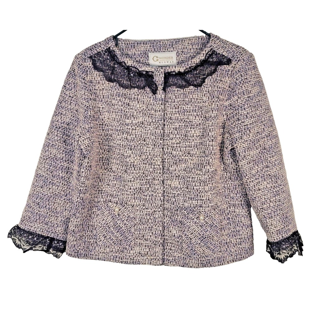 C Wonder by Christian Siriano Jacket Womens L Tweed Black Pink Lace Pockets Work
